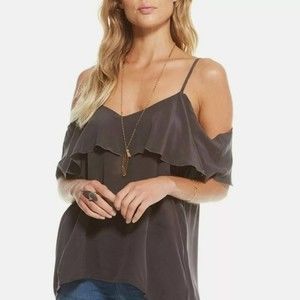 Chaser Gray Ruffled V-Neck Cold Shoulder Blouse Size M NWT